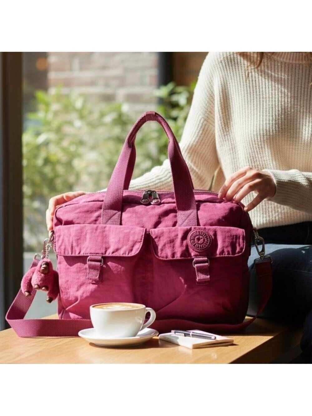 💗 Kipling Pink Messenger Bag w/ Monkey Charm – Cute, Lightweight & Ready to Go!